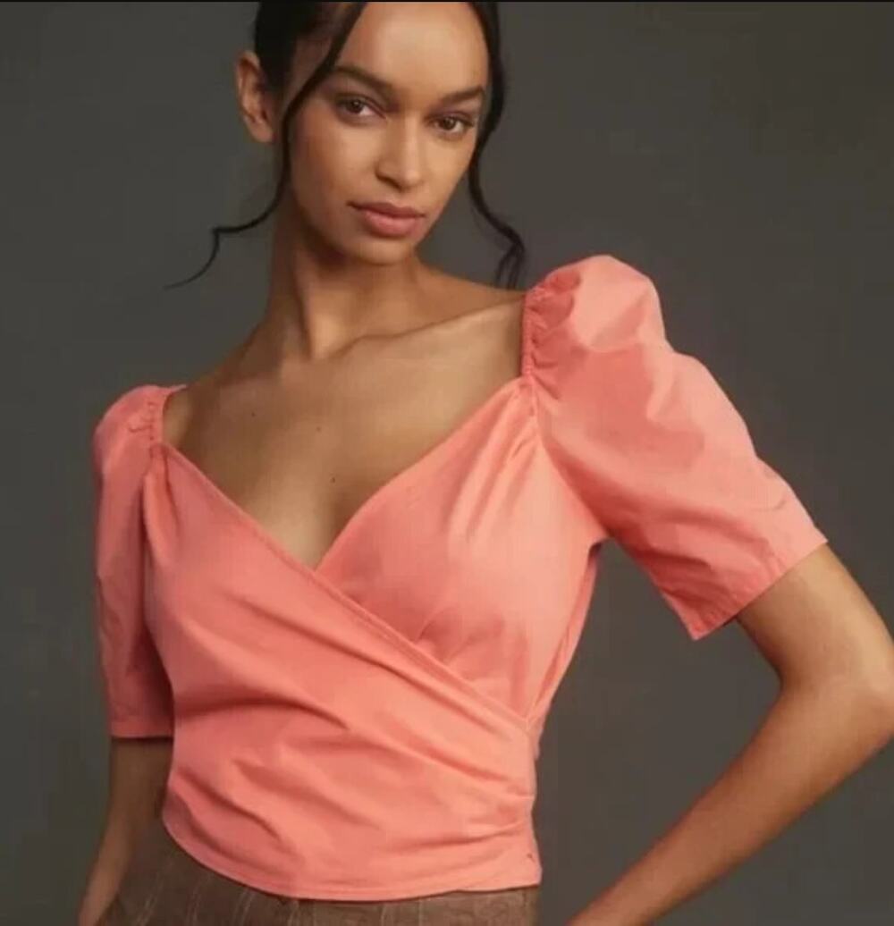 NWT Anthropologie Puff-Sleeve Peach Wrap Top - Size Small